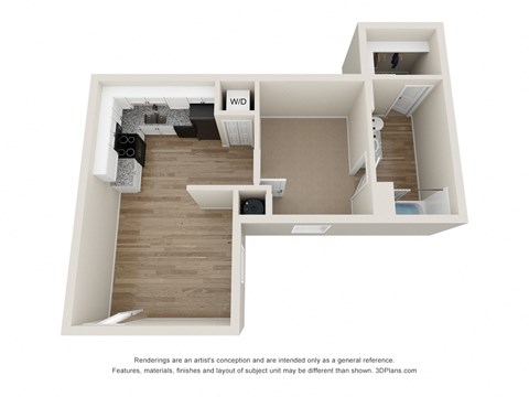 a stylized floor plan of a 1 bedroom apartment